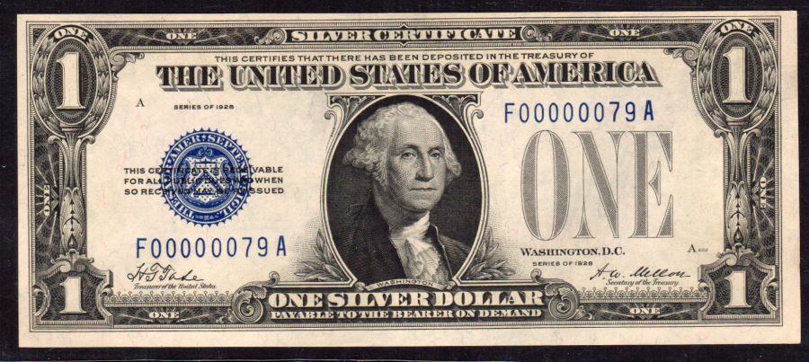 Fr.1600, 1928 $1 Silver Certificate, F00000079A, Choice CU